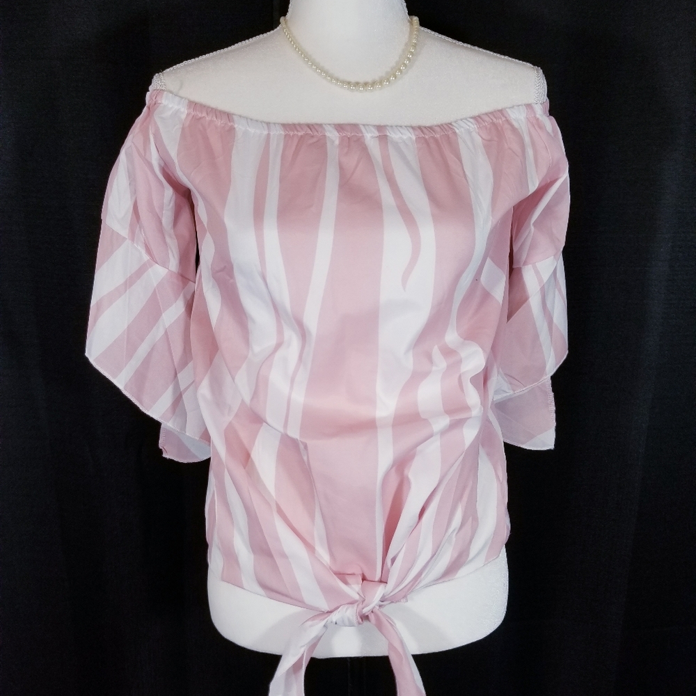 Pattern Cold Shoulder Bow pink and white Top. M - Picture 2 of 12